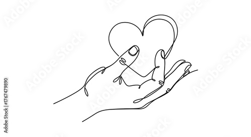 Minimalist continuous line drawing of hand holding heart symbolizing love and care