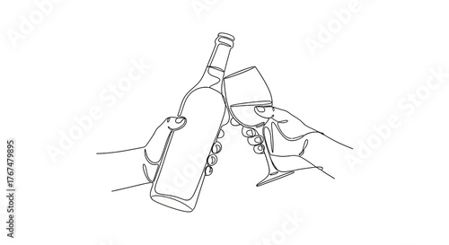 Celebratory toast with wine in minimalist one line drawing style