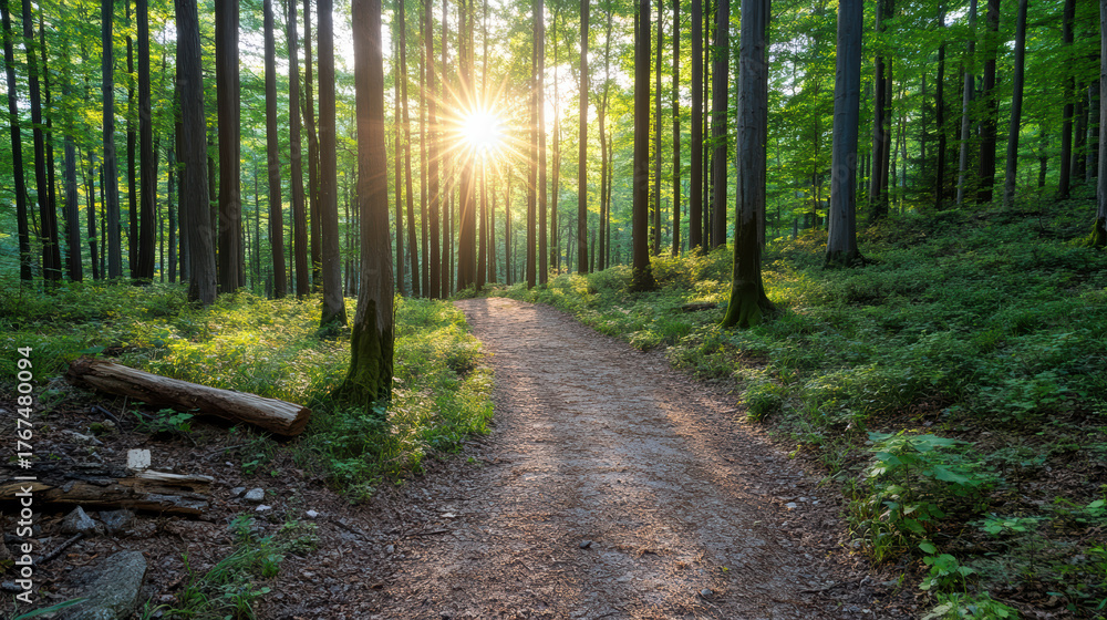 Obraz premium Sunlight filters through tall trees along serene forest trail, creating peaceful atmosphere
