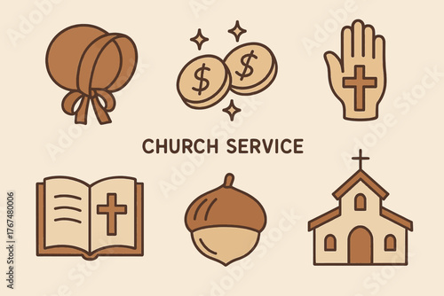 Minimalist icons of church service elements in brown tones