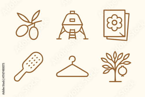 Minimalist icons set featuring olive branch, chicken coop, and pomegranate tree