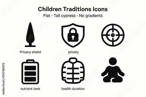Children traditions icons set: flat design with privacy and health symbols