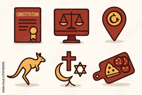 Legal, religious, and cultural icons in simple flat style
