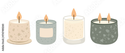 Candles scented vector illustration with minimalist design and soft tones. Terrazzo glass and ceramic boho home decor for spa or living room styling. Modern candle set by hand drawn design.