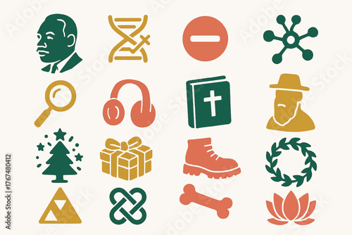 Colorful icon set featuring historical figures, symbols, and objects in modern style