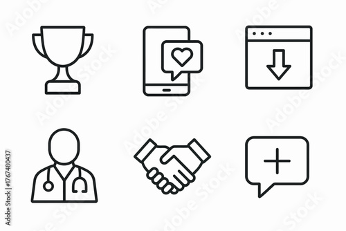 Minimalist icons: trophy, smartphone, download, doctor, handshake, chat