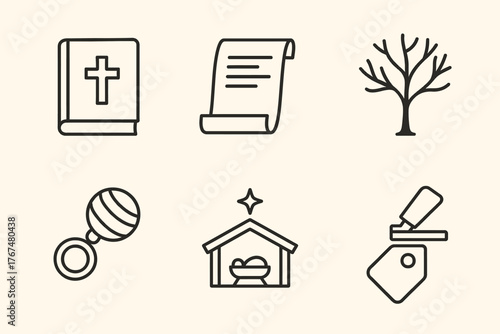 Linear christmas icons set with bible, nativity scene, and more