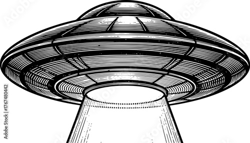 UFO, vintage engraving style, black and white