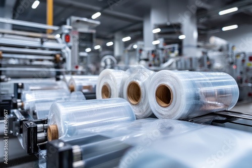 Plastic rolls on production line in factory