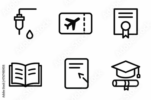 Minimalist line icons: medical, travel, education, and more