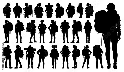Women with Backpacks Silhouette Vector Big Collection, Students Tourists Poses, Travel and School, Transparent Background