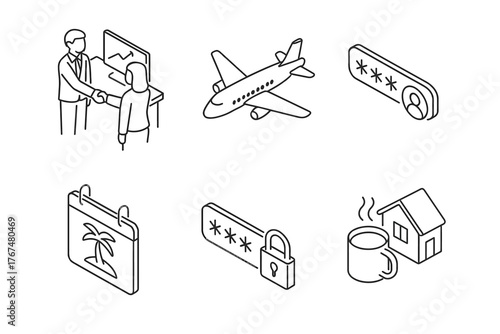 Set of isometric icons: business meeting, airplane, password security, vacation, lock, coffee, house
