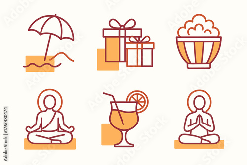 Minimalist beach icons with summer vacation and zen meditation symbols