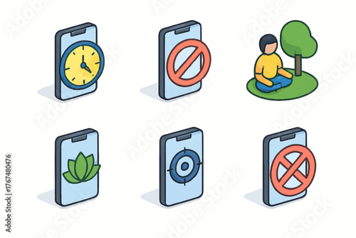 Isometric technology concepts with smartphone and nature elements