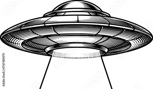 UFO, vintage engraving style, black and white