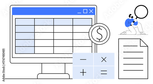 Computer screen with spreadsheet, dollar symbol, mathematical calculator, document, and person analyzing data. Ideal for finance, accounting, budgeting, education business strategies calculations