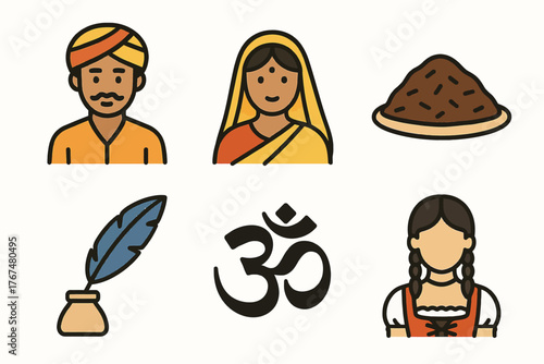 Traditional culture icons featuring hindu symbols and cultural attire in flat design