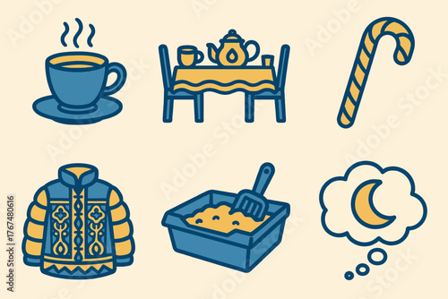 Cozy winter icons: warm tea, festive candy, embroidered jacket, and more in cartoon style