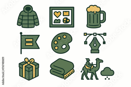 Cozy autumn collection: icons of warm clothing, art, and travel in bold colors