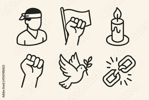 Minimalist icons of peace and resistance: dove, fists, candle, flag, broken chain