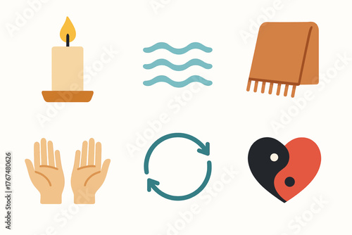 Minimalist icons of candle, waves, blanket, open hands, refresh arrow, and yin yang heart