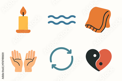 Minimalist icons of relaxation: candle, waves, blanket, hands, cycle, yin yang