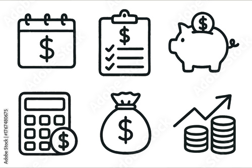 Minimalist financial icons set: calendar, piggy bank, calculator, money bag, growth chart