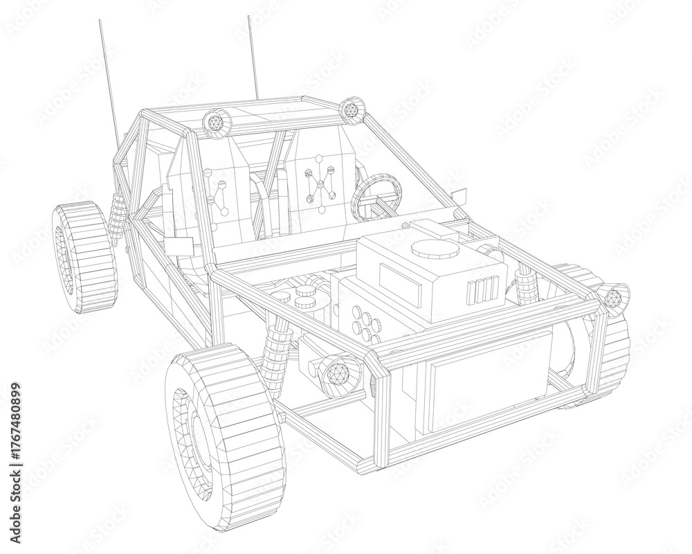 Fototapeta premium A sleek buggy car wireframe model on a white background features intricate headlights, a detailed grille, and realistic wheels with a glossy finish.