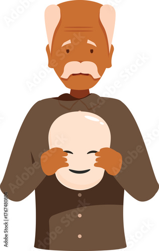 Senior man hiding sadness behind happy mask, depressed elderly person holding fake smile