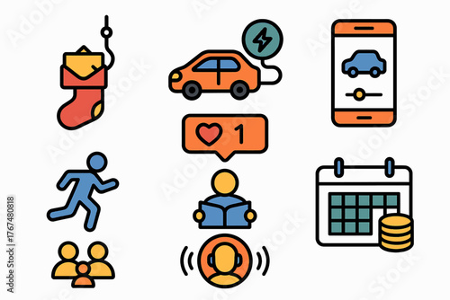 Colorful icons: charging car, mobile app, calendar coins, and more