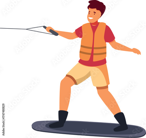 Smiling man wakeboarding, holding handle, enjoying extreme water sport, having fun on summer vacation