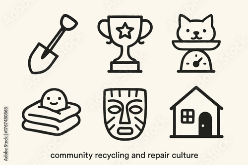 Minimalist icons of community recycling culture with shovel, trophy, cat scale, blanket, mask, house