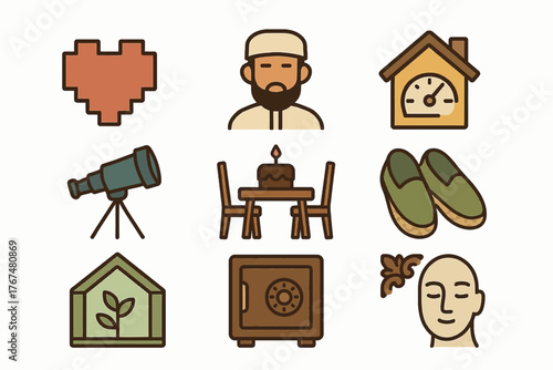 Minimalist icons: heart, telescope, home, nature, and more