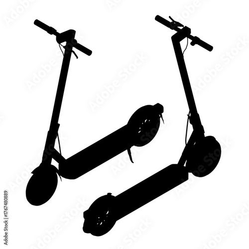 Two black electric scooters in silhouette form stand against a stark white background. The clean composition highlights their modern design and creates a striking visual contrast.