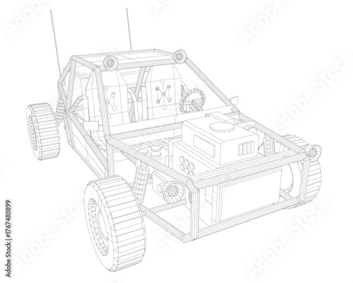 A sleek buggy car wireframe model on a white background features intricate headlights, a detailed grille, and realistic wheels with a glossy finish.