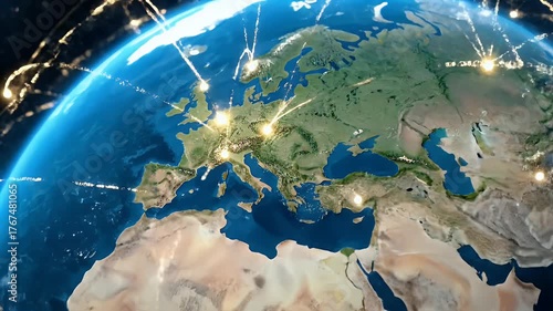 Wallpaper Mural Earth with glowing network lines over Europe, symbolizing global communication, data transfer, and digital interconnectedness Torontodigital.ca