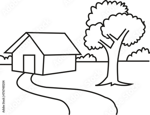 Simple Cartoon Countryside House with Driveway and Large Tree Line Art Outline Drawing