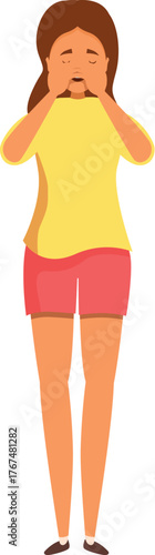 Casual dressed girl experiencing a painful toothache, holding her face with hands