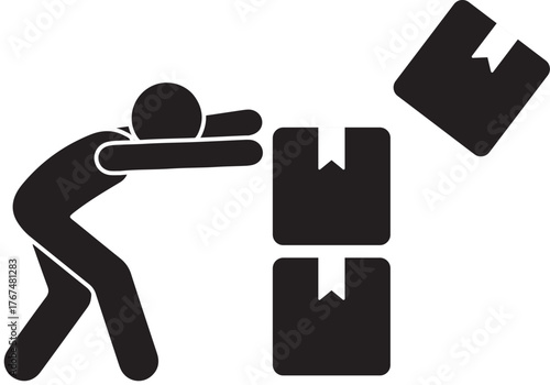 A pictogram of a man pushing a stack of falling boxes