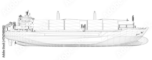 Blueprint of a large cargo container ship in 3D wireframe view. The detailed model shows the hull, superstructure, and other structural features on a plain white background.