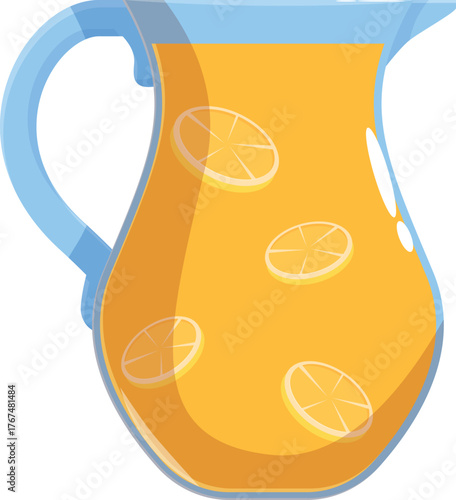 Glass pitcher full of orange juice with orange slices, a refreshing summer beverage