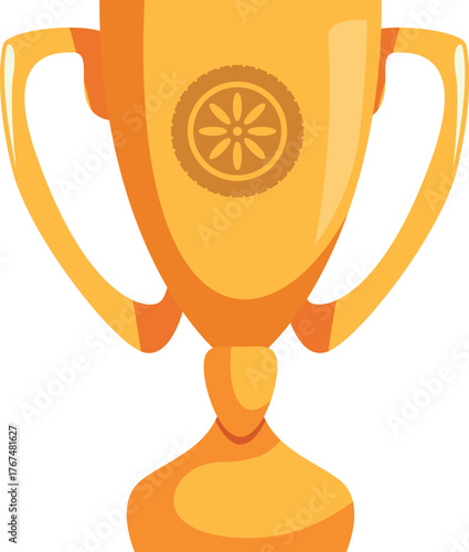 Shiny golden trophy celebrating a motorsport victory, featuring a tire symbol, representing achievement and triumph in racing competitions