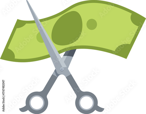 Sharp scissors cutting a banknote, representing cost reduction, budget cuts and saving money