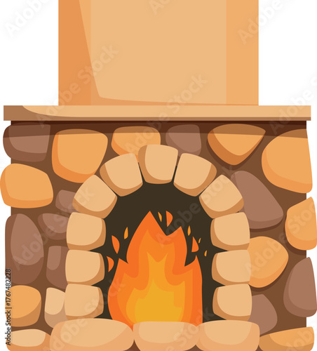 Cozy stone fireplace burning with warm fire light, perfect for cold winter days