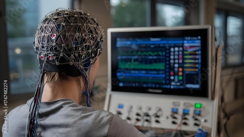 Person wearing an EEG cap with numerous wired electrodes, collecting brain activity data shown on a monitor. Concept EEG cap with wired electrodes, Brain activity data on monitor