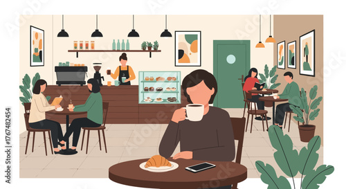 A person sitting alone at a cafe table enjoying coffee.