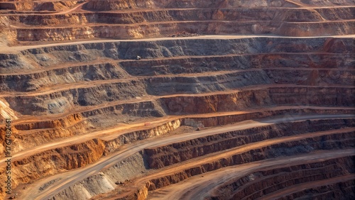 Vast open-pit metal mine with terraced excavation levels, showcasing industrial scale mining and natural resource extraction landscape