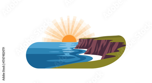 A vibrant flat illustration of a sun rising over a coastal cliff landscape.