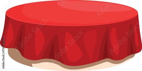 Round table covered with red tablecloth isolated on white background