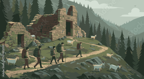 Hikers explore ancient ruins on a mountain trail surrounded by goats and dense forest